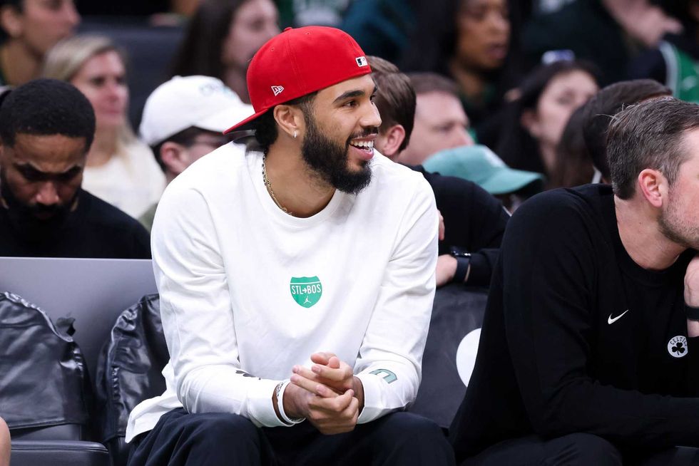 Boston Celtics forward Jayson Tatum (0) reacts during the first half against the Toronto Raptors at TD Garden.