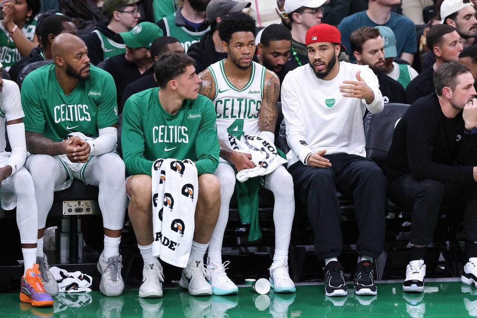 Boston Celtics forward Jayson Tatum (0) reacts during the first half against the Toronto Raptors at TD Garden.