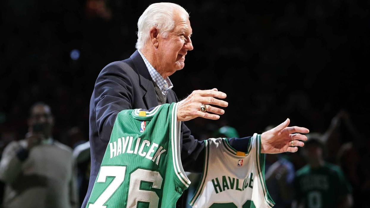 Boston Celtics great John Havlicek participates in a ceremony during a game in 2016.