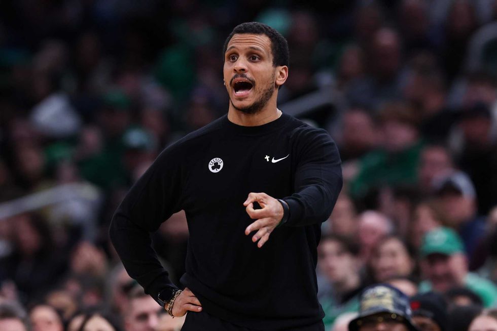 Boston Celtics head coach Joe Mazzulla reacts during the first half against the New Orleans Pelicans at TD Garden.