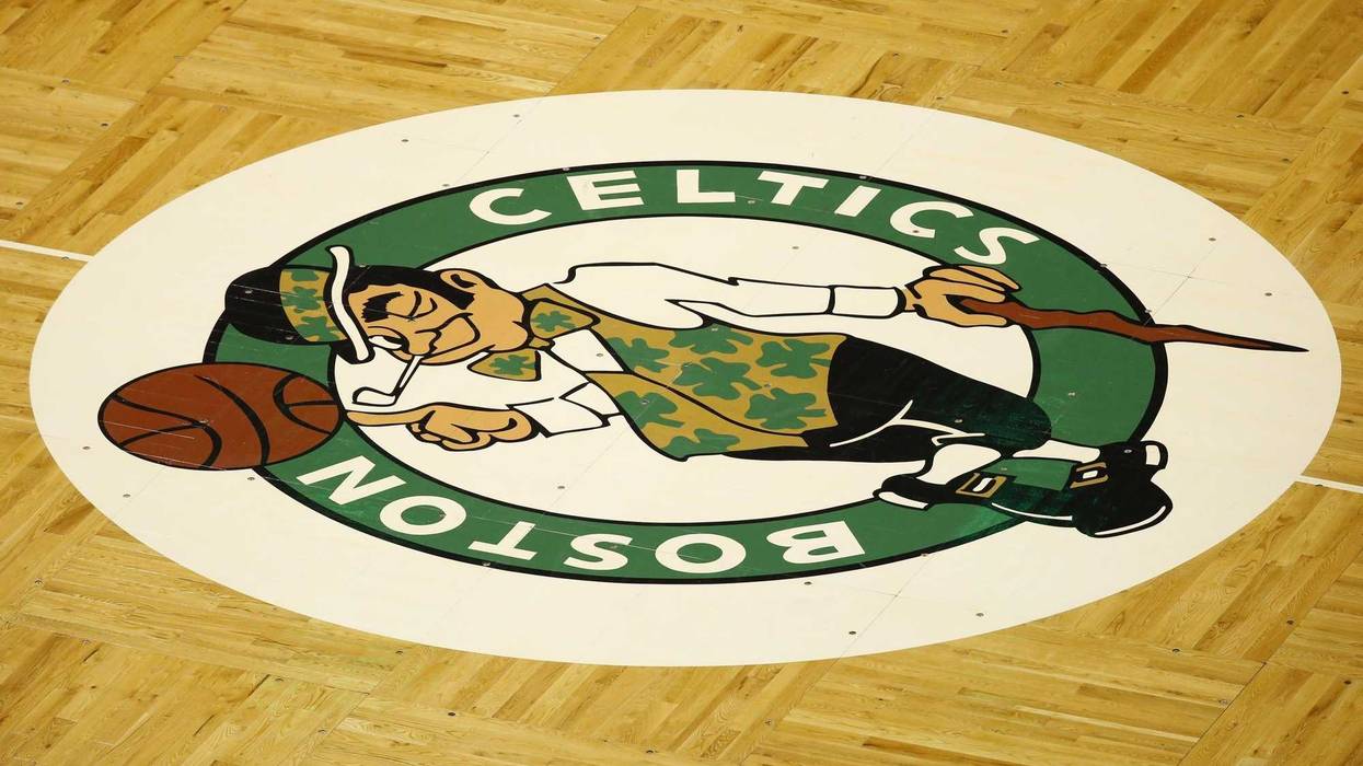 Boston Celtics logo on the floor of the TD Garden
