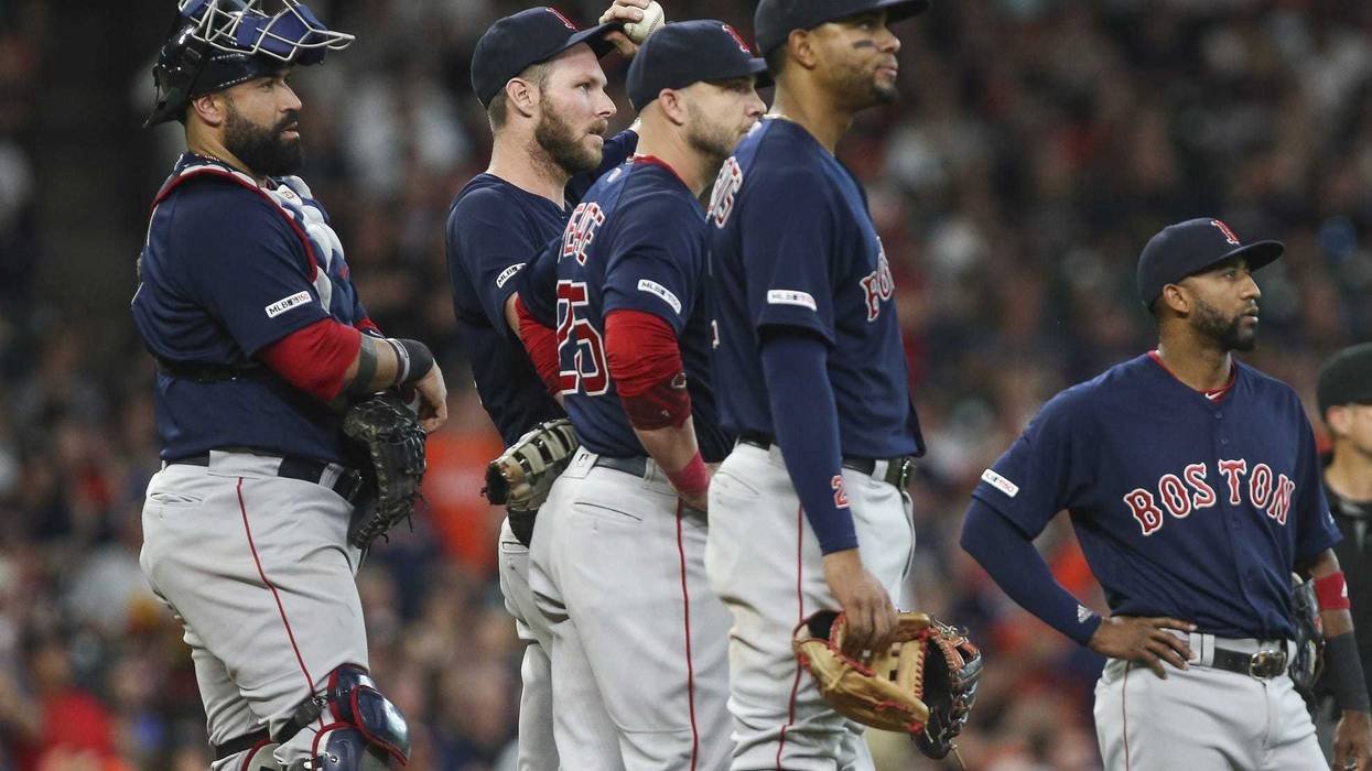 Boston Red Sox players Sandy Leon, Chris Sale, Steve Pearce, Xander Bogaerts, and Eduardo Nunez