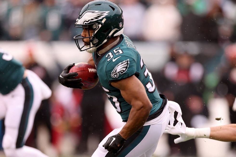 Boston Scott of the Philadelphia Eagles runs with the ball against the San Francisco 49ers during the first quarter in the NFC Championship Game at Lincoln Financial Field on January 29, 2023 in Philadelphia, Pennsylvania.