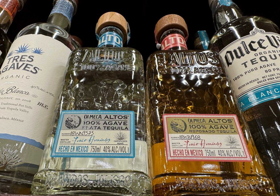 Bottles of tequila from Mexico are displayed on a shelf at a Safeway store on March 03, 2025 in San Anselmo, California.