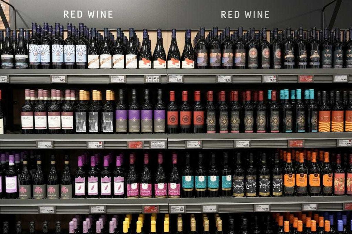 Bottles of wine are seen for sale at the new Tarleton Aldi store on July 22, 2022 in Tarleton, United Kingdom. Aldi is the UK’s fifth largest supermarket chain and has 950 stores. The new Aldi store is the first in the Preston area. (Photo by Christopher Furlong/Getty Images)