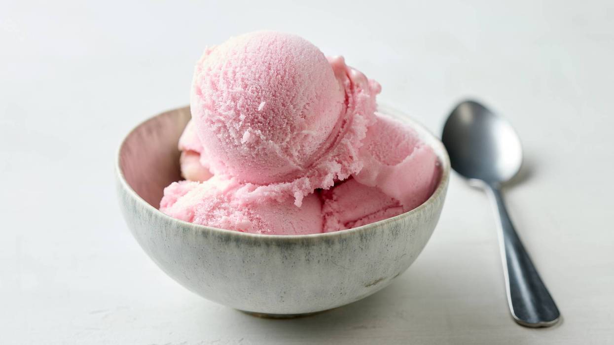 bowl of pink raspberry ice cream
