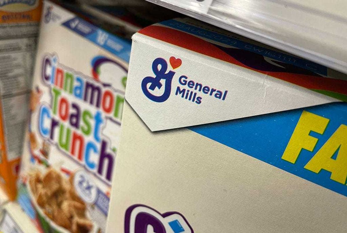 Boxes of General Mills cereal are displayed on a grocery store shelf on December 20, 2023 in San Anselmo, California.