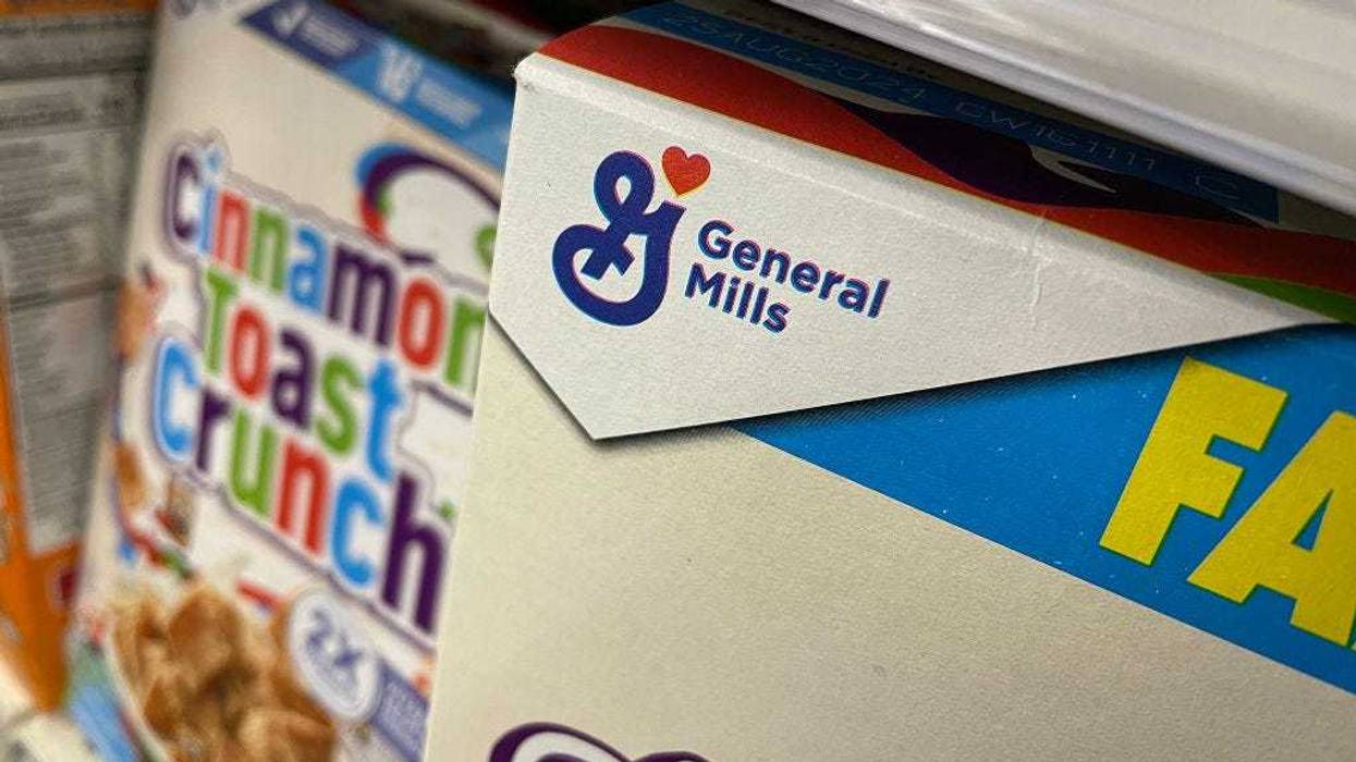 Boxes of General Mills cereal are displayed on a grocery store shelf on December 20, 2023 in San Anselmo, California.