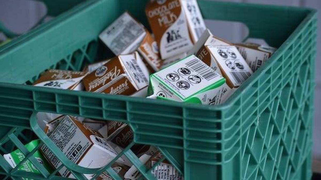 Boxes of regular and chocolate milk were prepared for students at Shasta Meadows Elementary School