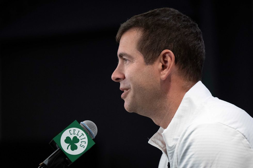 Brad Stevens, president of basketball operations for the Boston Celtics, speaks to the media during Boston Celtics Media Day at The Auerbach Center on September 24, 2024 in Boston, Massachusetts.
