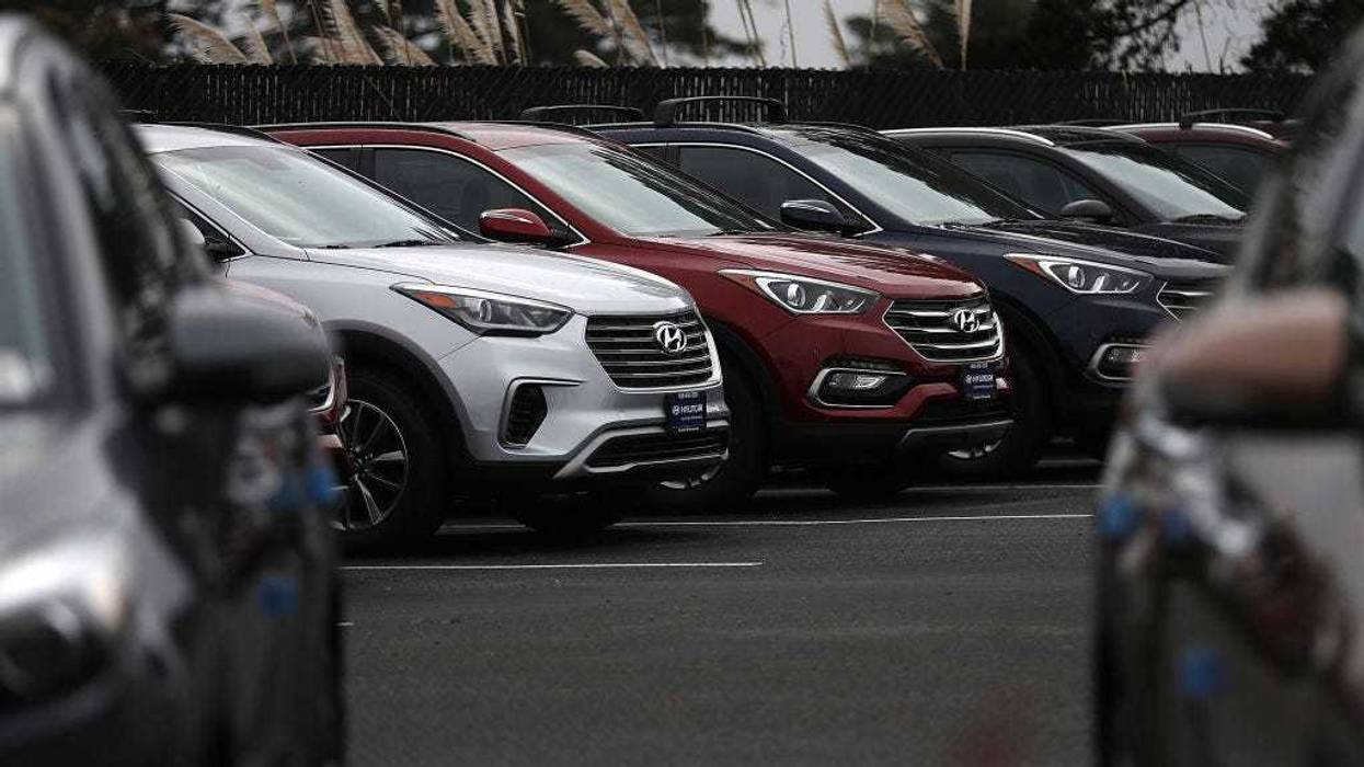Brand new Hyundai Santa Fe SUVs are displayed at a Hyundai dealership on April 7, 2017 in Colma, California.