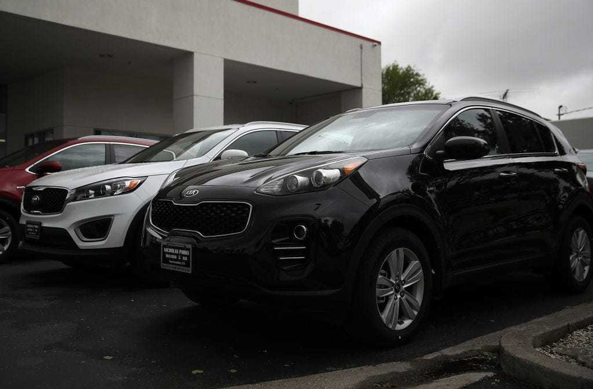Brand new Kia Sportages are displayed at a Hyundai dealership on April 7, 2017.