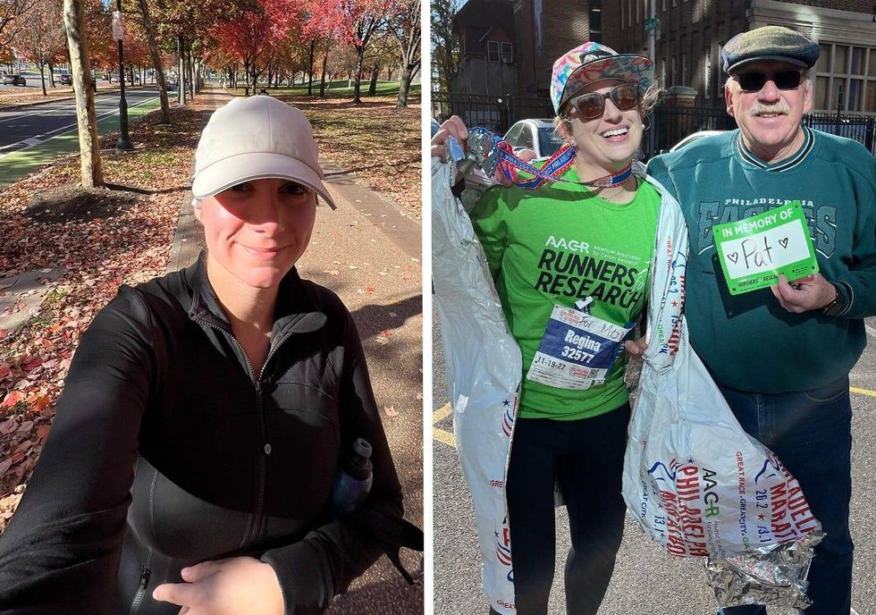 Brandi Steiner taking a selfie, and Regina Selman and her father after a run.