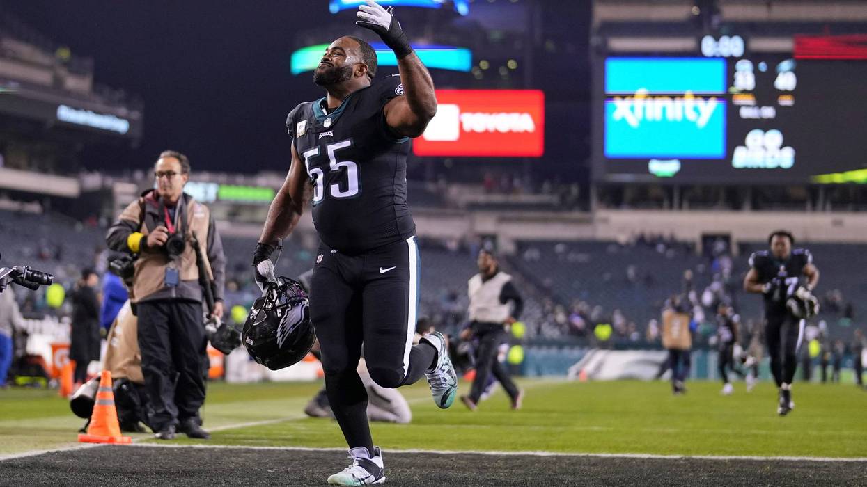 Brandon Graham, #55 of the Philadelphia Eagles, reacts after the game against the Green Bay Packers at Lincoln Financial Field on Nov. 27, 2022, in Philadelphia, Pennsylvania.