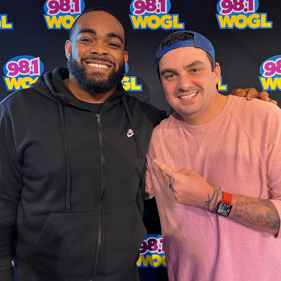 Brandon Graham - Philadelphia Eagles player with Coop at the 2021 98.1 WOGL Loves Our Kids Radiothon presented by Fulton Bank
