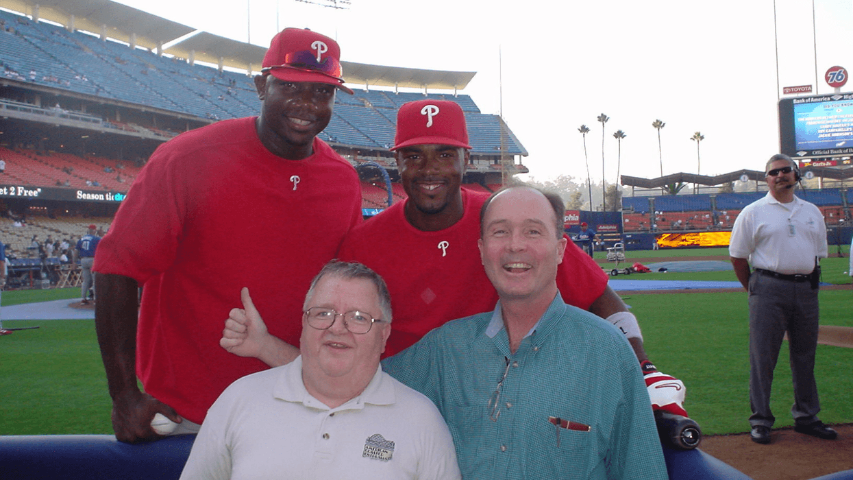 Brendan Costello with Ryan Howard and Jimmy Rollins in 2008 at Dodger Stadium