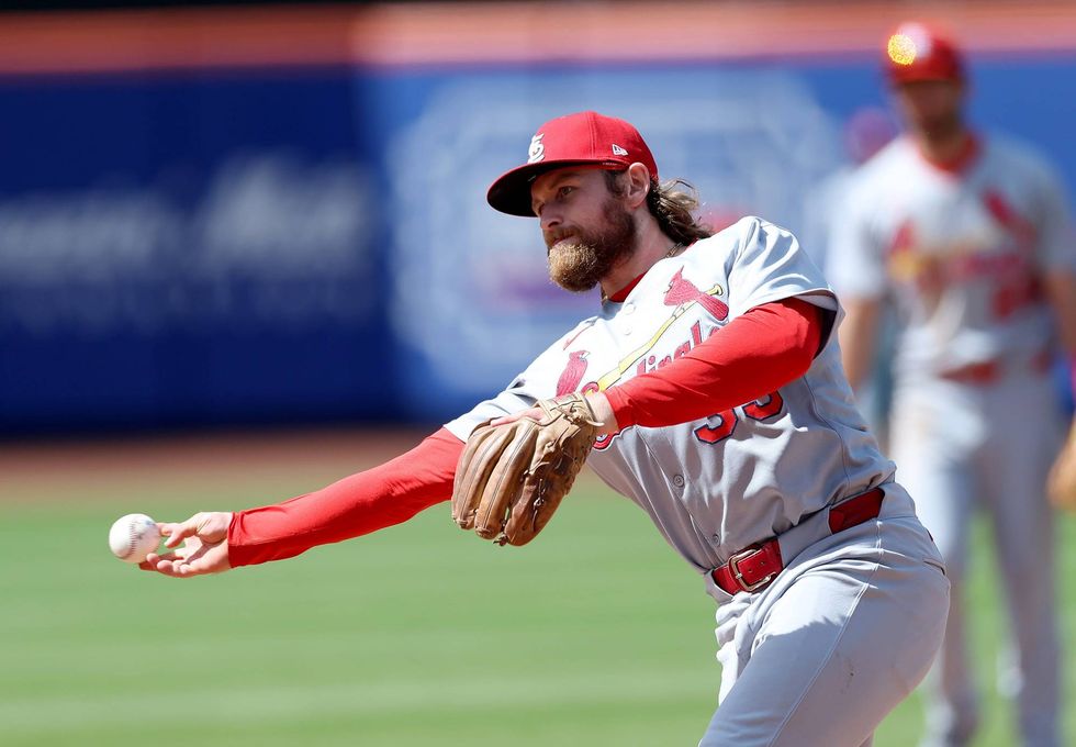 Brendan Donovan #33 of the St. Louis Cardinals fields a hit by Brett Baty of the New York Mets and sends it to first for the out in the second inning at Citi Field on April 20, 2025 in the Flushing neighborhood of the Queens borough of New York City.