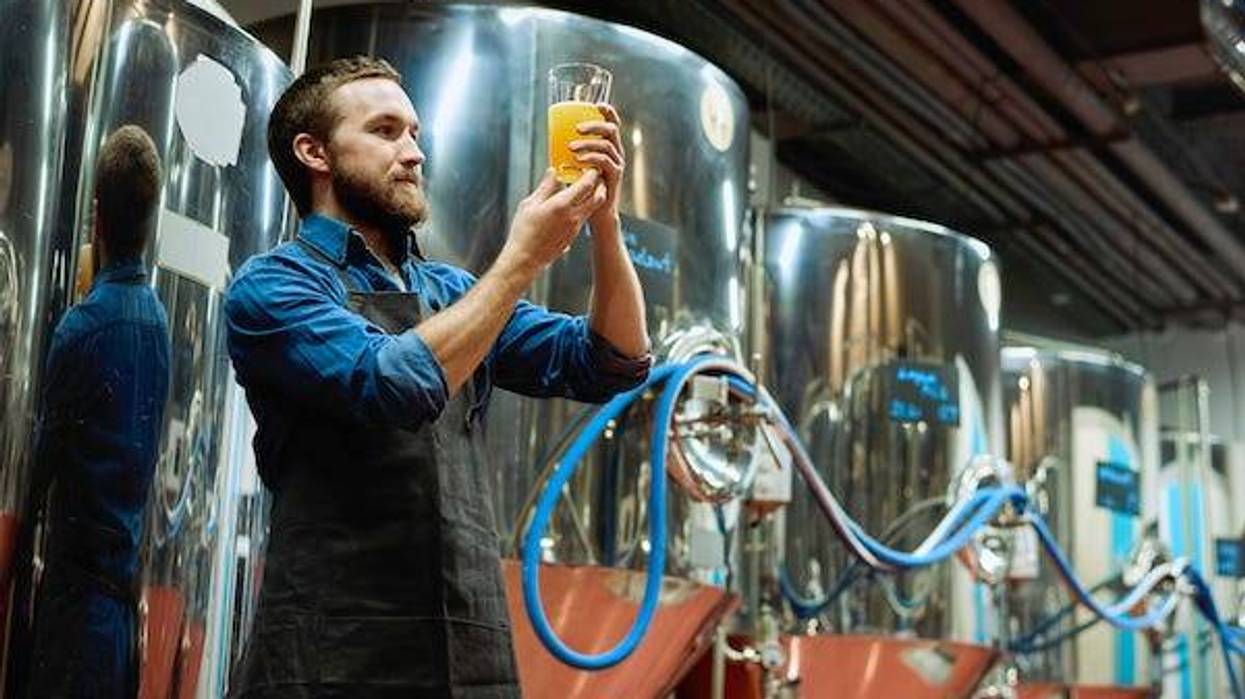 Brewery master with glass of beer in hand evaluating its visual characteristics