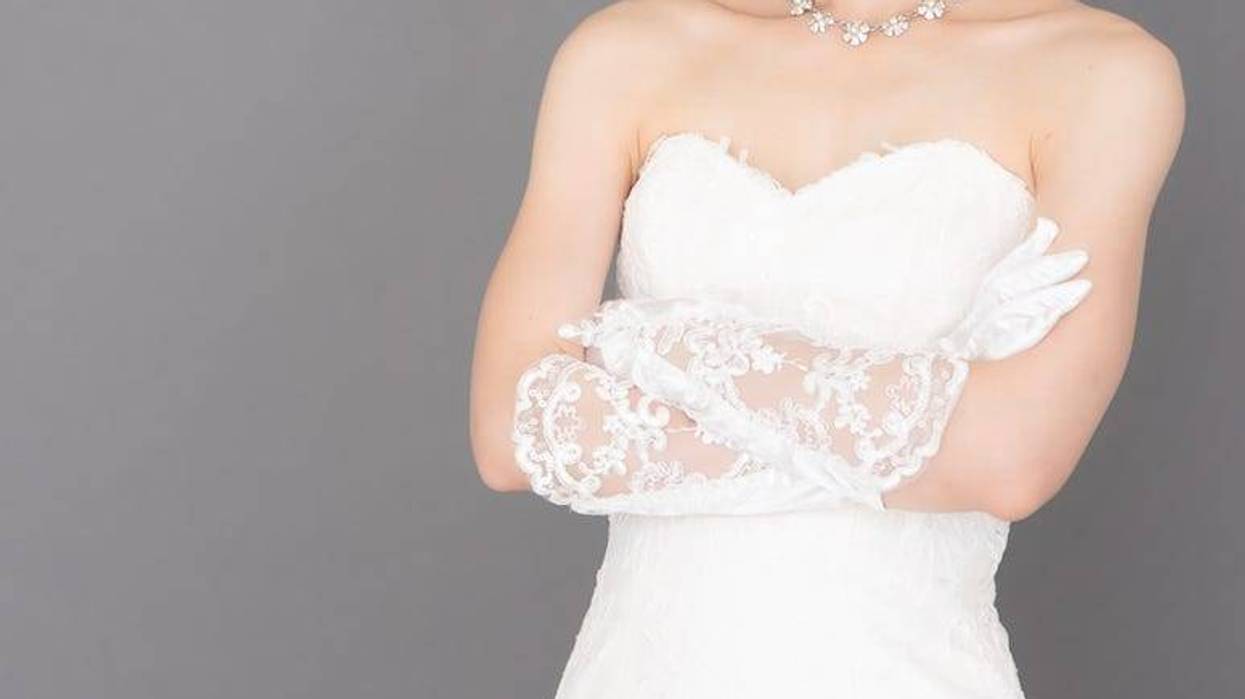 Bride, Wedding Dress, Arms Crossed, Gray Background