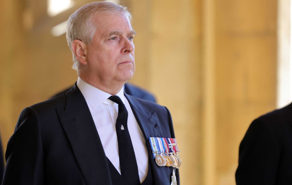 Britain's Prince Andrew, Duke of York, attends the ceremonial funeral procession of Britain's Prince Philip, Duke of Edinburgh to St George's Chapel in Windsor Castle in Windsor, west of London, on April 17, 2021