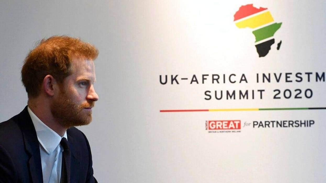 Britain's Prince Harry meets with Prime Minister of Morocco Saadeddine Othmani at the UK Africa Investment Summit in London, Monday Jan. 20, 2020. Britain's Prime Minister Boris Johnson is hosting 54 African heads of state or government in London, as the