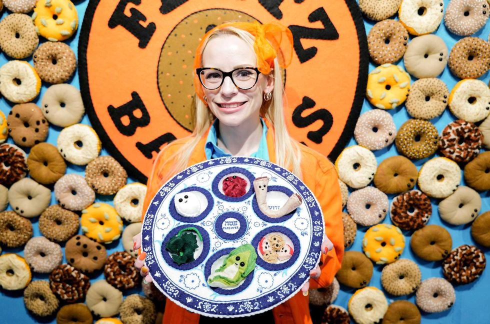 British artist Lucy Sparrow is pictured at her "Feltz Bagels" installation on Monday, Oct. 2, 2023, in New York