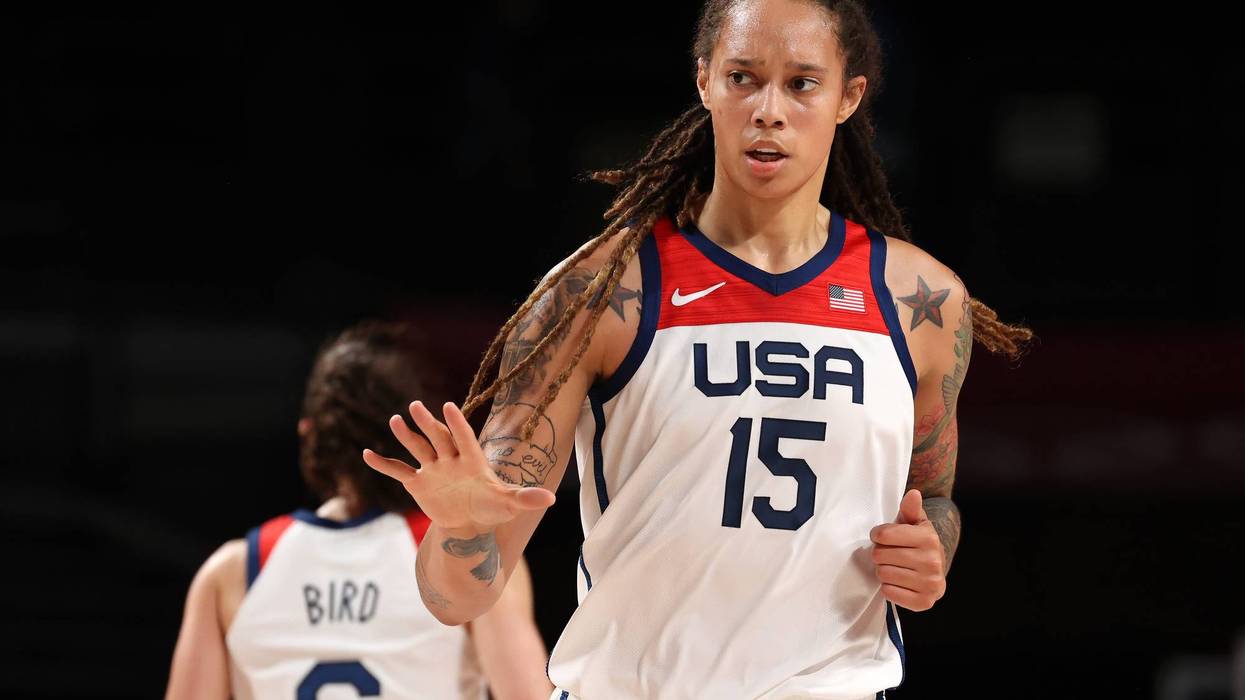 Brittney Griner #15 of Team United States reacts during the first half of the Women's Basketball final game between Team United States and Team Japan on day sixteen of the 2020 Tokyo Olympic games at Saitama Super Arena on August 08, 2021 in Saitama, Japan.
