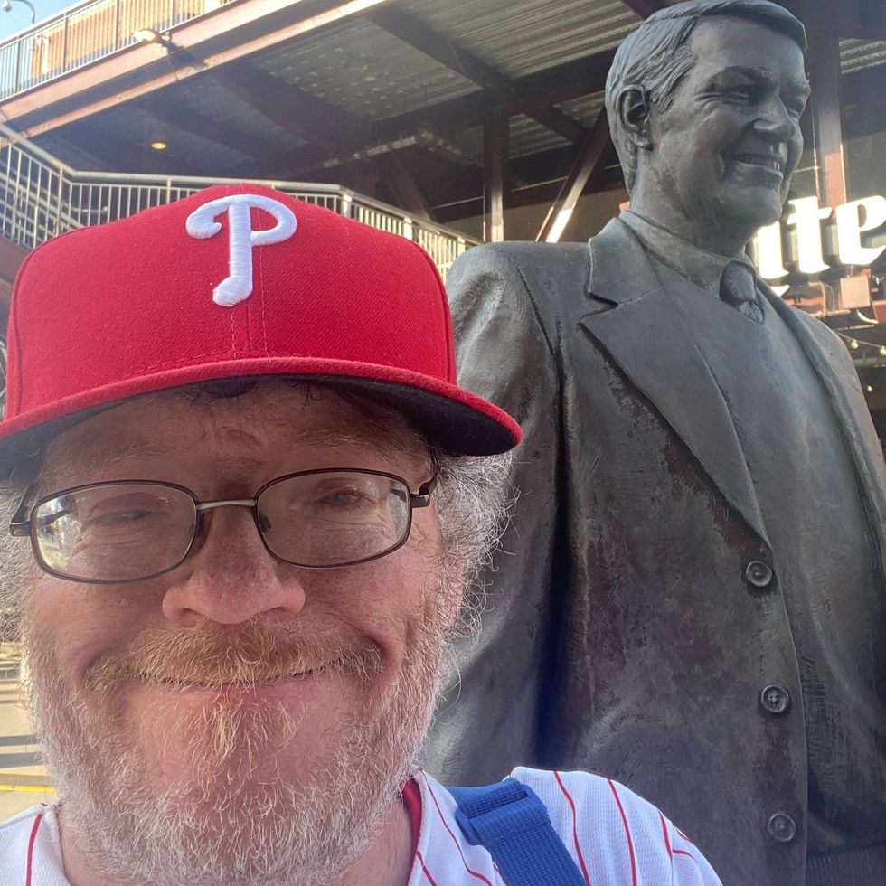 Broad Street Mikey by the Harry Kalas statue at Citizens Bank Park.
