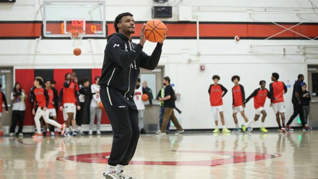 Bronny James #0 of the Sierra Canyon Trailblazers warms up before the game against the Cleveland Cavaliers at Cleveland High School on November 19, 2022 in Reseda, California.