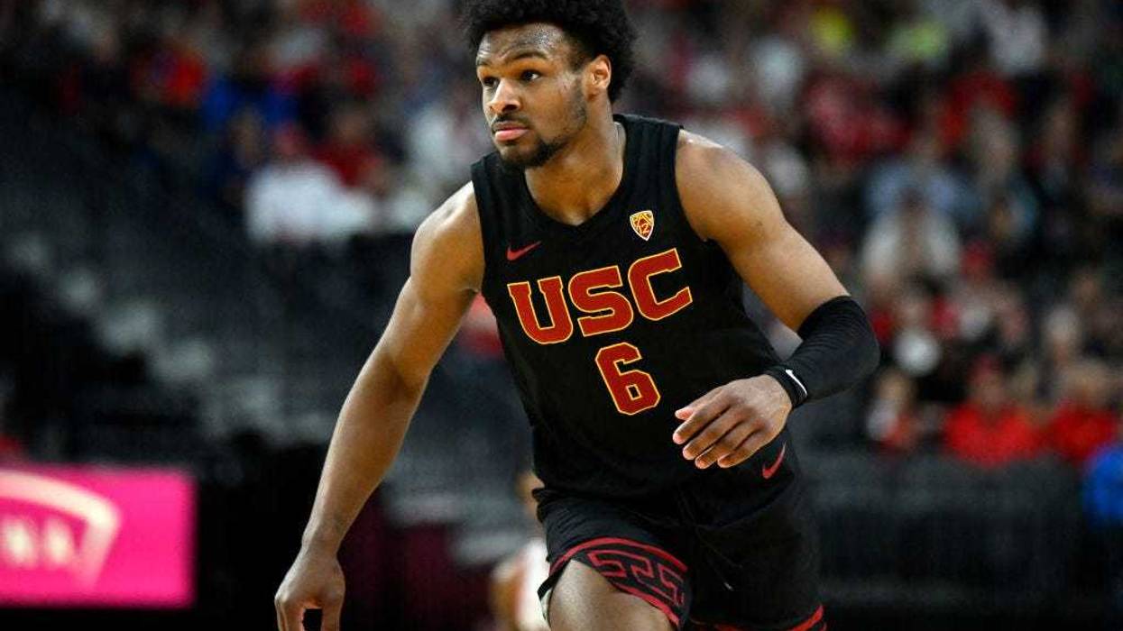Bronny James #6 of the USC Trojans looks on in the second half of a quarterfinal game against the Arizona Wildcats during the Pac-12 Conference basketball tournament at T-Mobile Arena on March 14, 2024 in Las Vegas, Nevada.