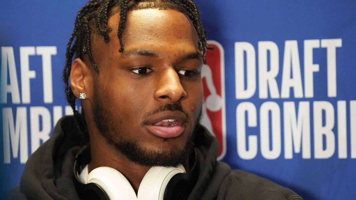 Bronny James talks to the media during the 2024 NBA Draft Combine at Wintrust Arena.