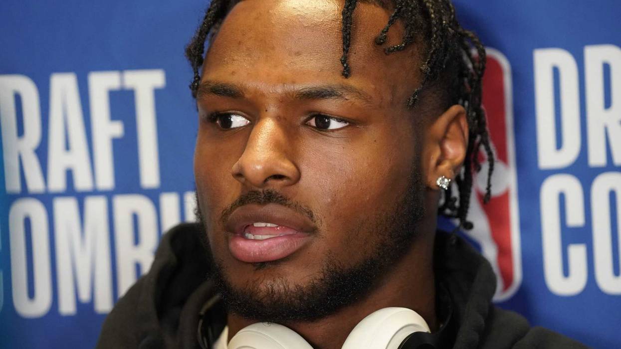 Bronny James talks to the media during the 2024 NBA Draft Combine at Wintrust Arena.