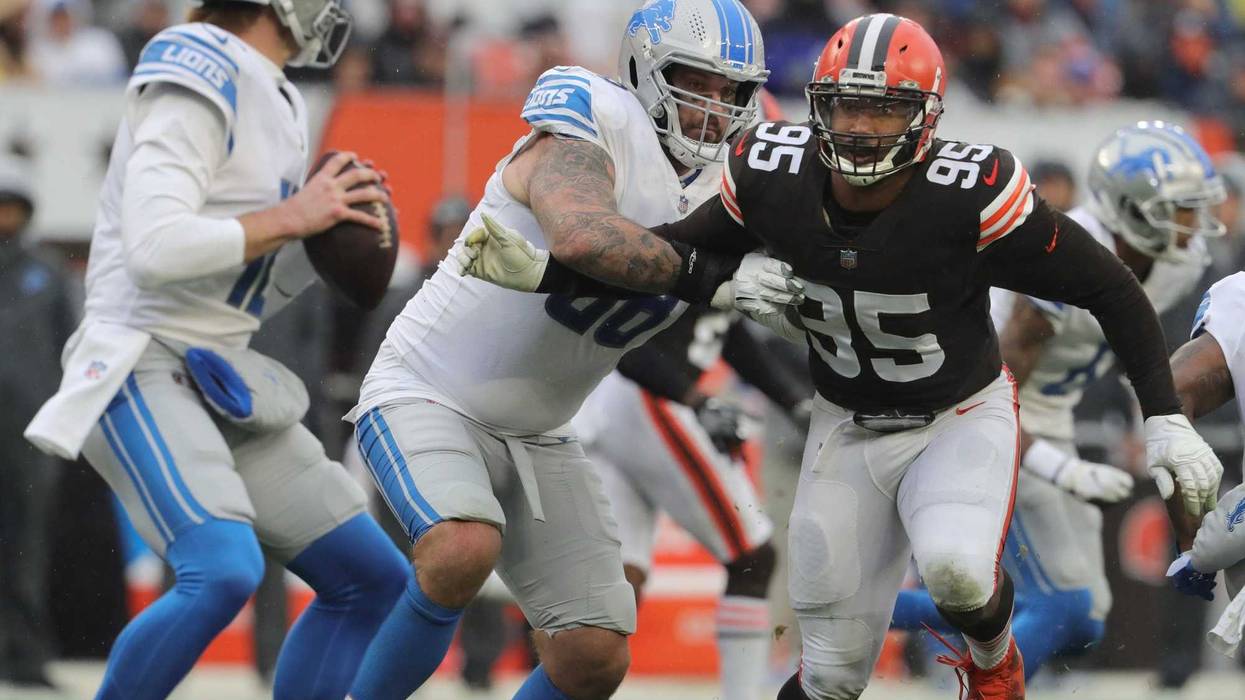 Browns defensive end Myles Garrett rushes Lions quarterback Tim Boyle during the second quarter on Sunday, Nov. 21, 2021 in Cleveland.