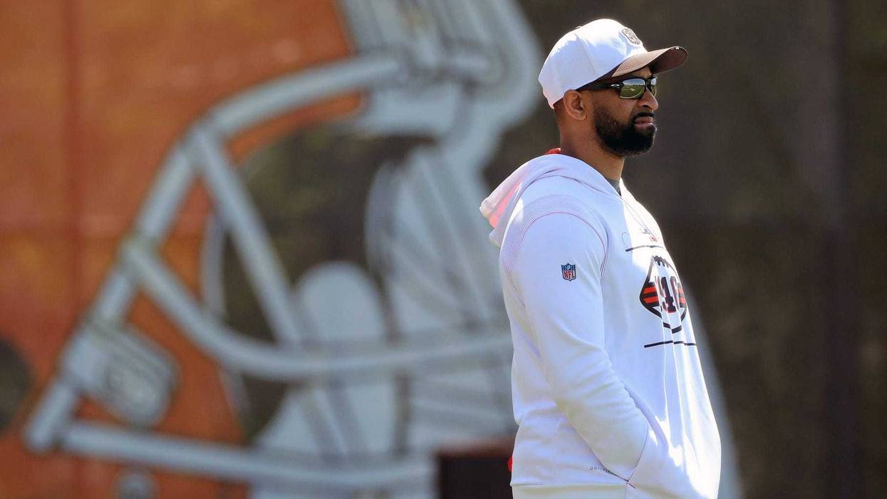 Browns general manager Andrew Berry watches practice during rookie minicamp May 9, 2025, in Berea.