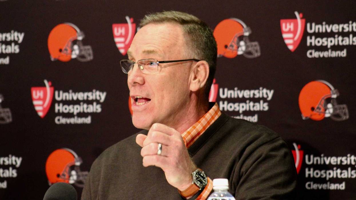 Browns general manager John Dorsey speaks with reporters during the first round of the 2018 NFL Draft
