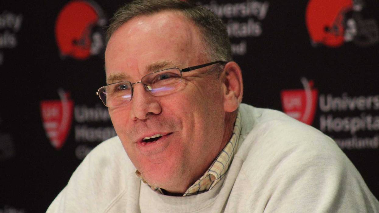 Browns general manager John Dorsey speaks with reporters on April 19, 2018