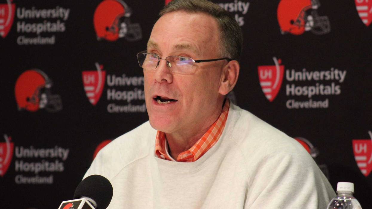 Browns general manager John Dorsey speaks with reporters on April 28 during the 2018 NFL Draft