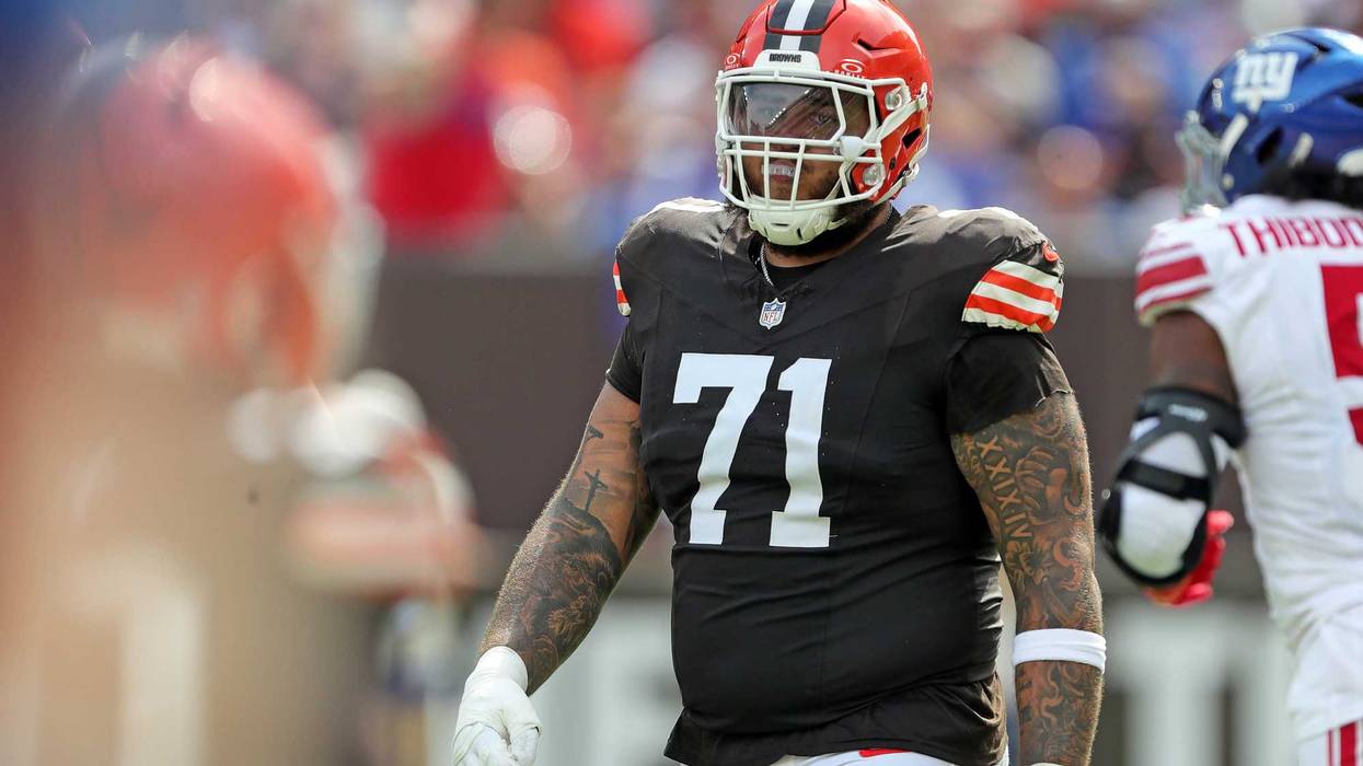 Browns offensive tackle Jedrick Wills Jr. heads back to the huddle after a play against the New York Giants, Sunday, Sept. 22, 2024, in Cleveland.