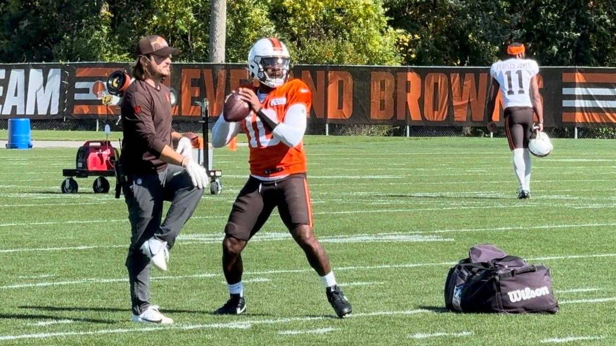 Browns quarterback P.J. Walker prepares to throw at practice on October 11, 2023
