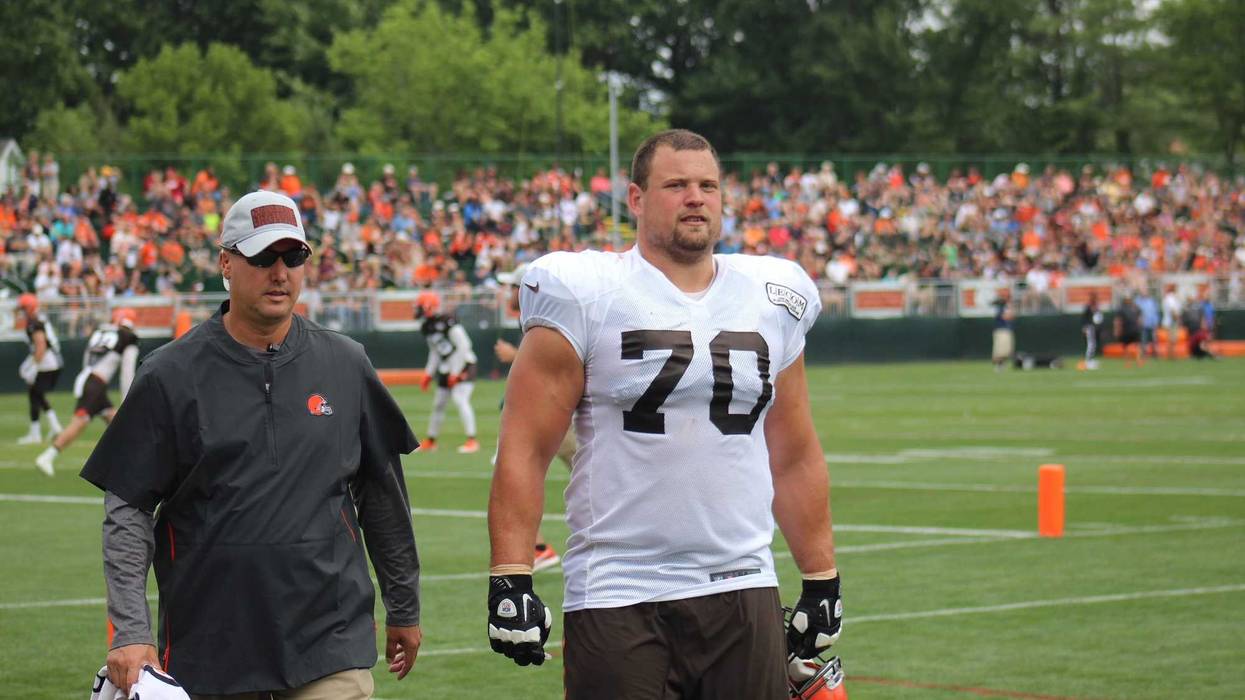 Browns right guard Kevin Zeitler walks off the field on Aug. 1 after suffering a calf injury during a training camp practice.