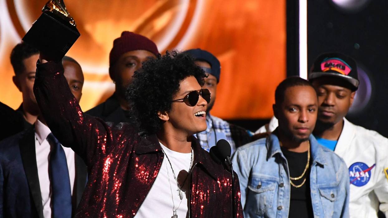 Bruno Mars accepts Album Of The Year for 24K Magic during the 60th Annual Grammy Awards at Madison Square Garden.