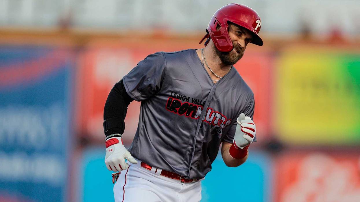 Bryce Harper runs the bases after hitting a solo homer against the Gwinnett Stripers in the first inning of a Triple-A baseball game while he begins his rebab assignment at Lehigh Valley Iron Pigs in Allentown, Pa., Tuesday, Aug. 23, 2022.