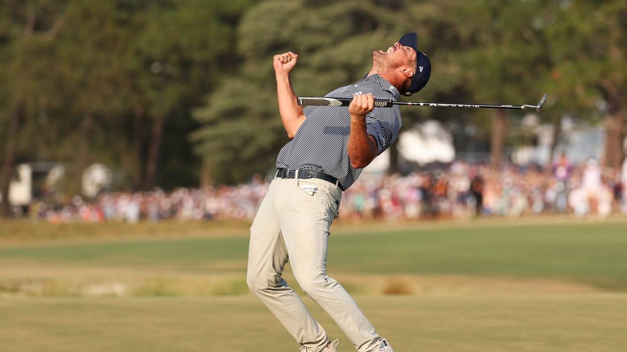 Bryson DeChambeau of the United States celebrates his winning putt on the 18th green during the final round of the 124th U.S. Open at Pinehurst Resort on June 16, 2024, in Pinehurst, North Carolina.