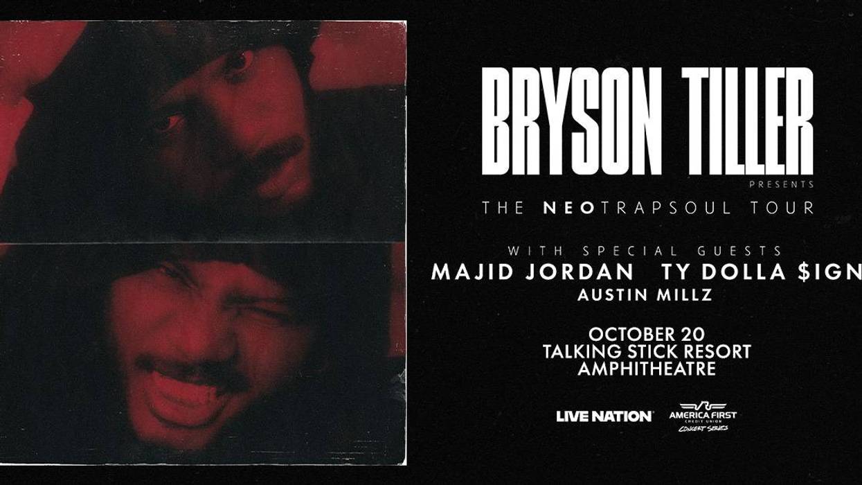 Bryson Tiller: NeoTrapsoul Tour poster with red photos. Feat. Majid Jordan, Ty Dolla $ign. Oct 20.