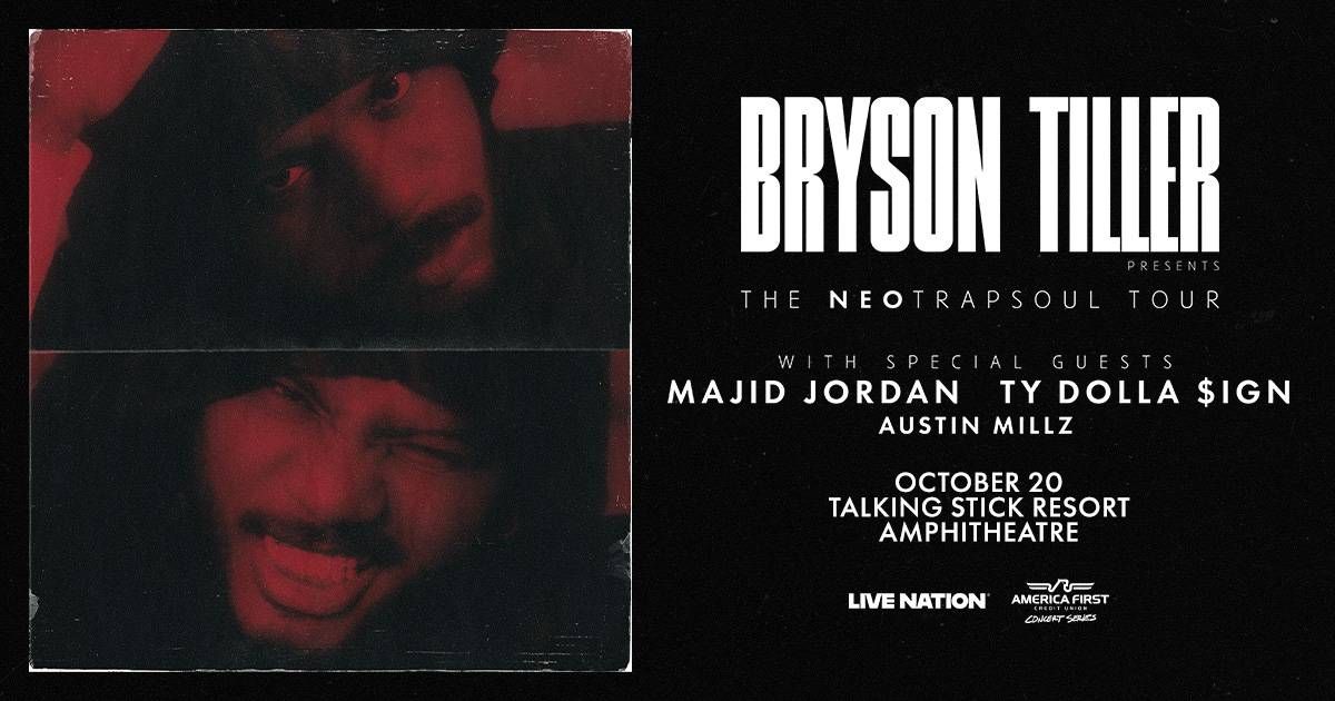 Bryson Tiller The Neo Trapsoul Tour poster with red-tinted photos of Tiller, guest artists, & Oct 20 details.
