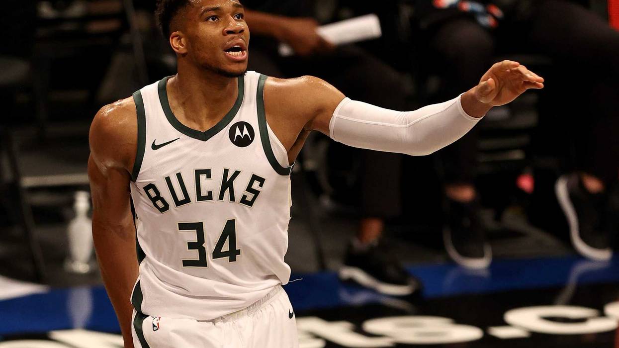 Bucks star Giannis Antetokounmpo on the court.