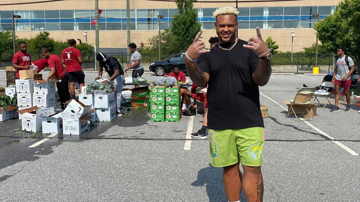Buffalo Bills offensive tackle Dion Dawkins at the drive-thru food pantry he organized on the campus of his alma mater, Temple University.