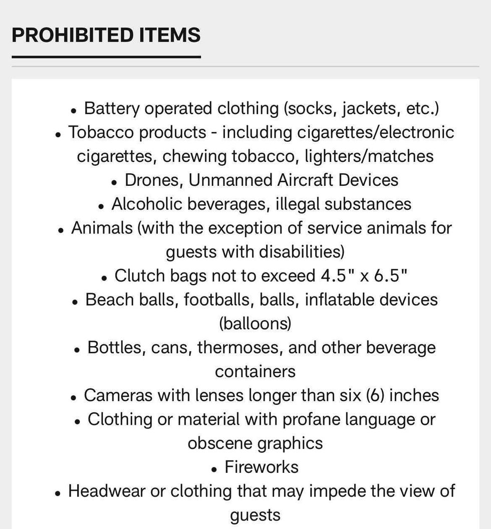 Buffalo Bills prohibited items list