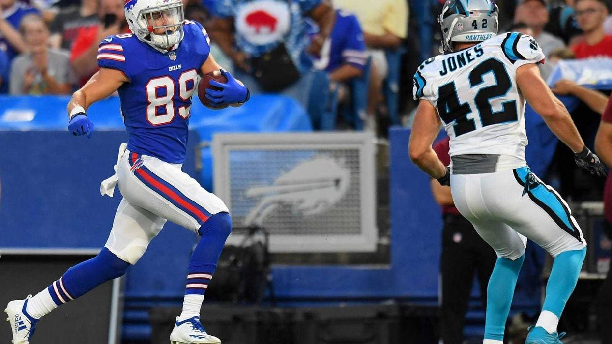 Buffalo Bills wide receiver Brandon Reilly (89) runs with the ball after a catch as Carolina Panthers defensive back Colin Jones