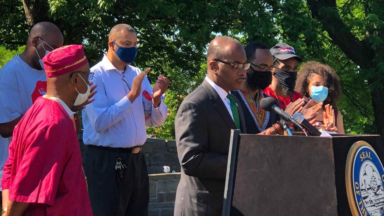 Buffalo Mayor Byron Brown is joined by Juneteenth committee members to announce June 19 as a city holiday. June 19, 2020 (WBEN Photo/Mike Baggerman)